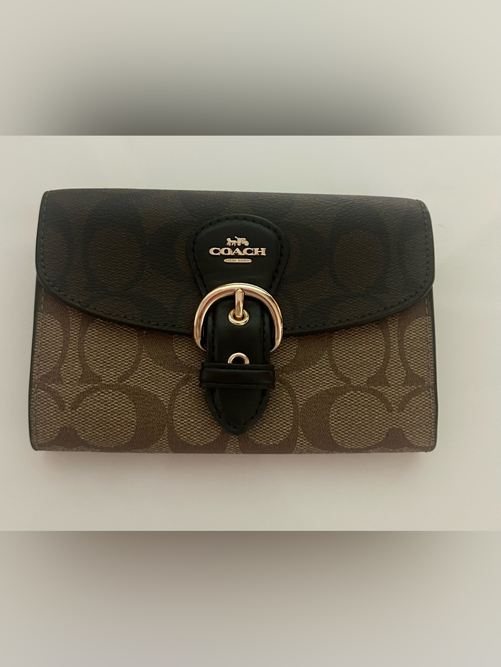COACH Brown Signature Canvas Wallet with Black Leather Buckle
